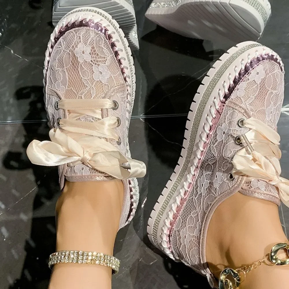Round Toe Platform Loafers – Chic Lace Mesh & PU Leather Low Heel Slip-Ons